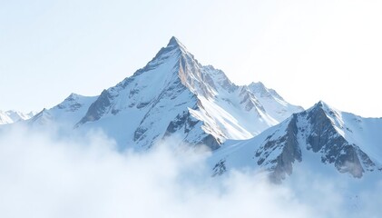 Obraz premium Snow-covered mountain peak, dramatic silhouette on bright white, white landscape, winter photography, nature photography