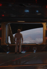 Leaving Home - Science Fiction Character Departing his Home Planet on a Space Ship, 3d digitally rendered science fiction illustration