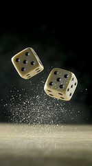 Two dice in mid-air, rolling on a table, with a splash of dust, possibly for a game or gambling concept