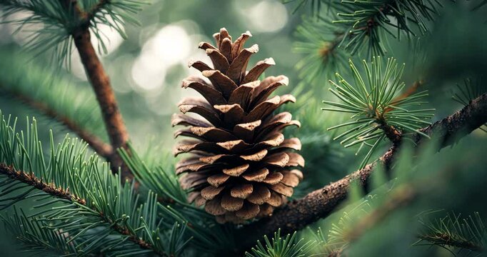 A Sand Pine cone placed centrally and surrounded by fresh, green pine needles on a tree.