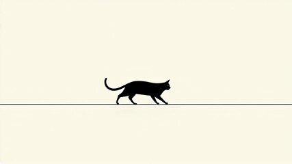 Seamless loop animation background of minimalist black cat silhouette walking with balance on a thin line against a light background, symbolizing 
 - Powered by Adobe