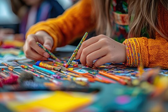 Creative artist working on a colorful mixed media project in a vibrant studio filled with art supplies and inspiration