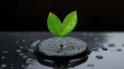 Fresh sprout on dark stone, water droplets