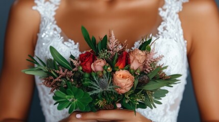 Bride holding a floral bouquet.  Delicate arrangement of roses, succulents, and greenery
