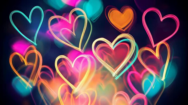 Seamless loop animation background of colorful neon hearts moving naturally and glowing against a dark background
