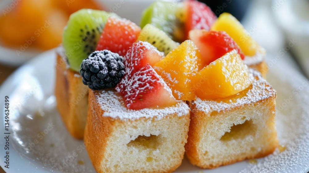 Poster a whimsical presentation of mini honey toast bites served on a plate, topped with colorful fruit and
