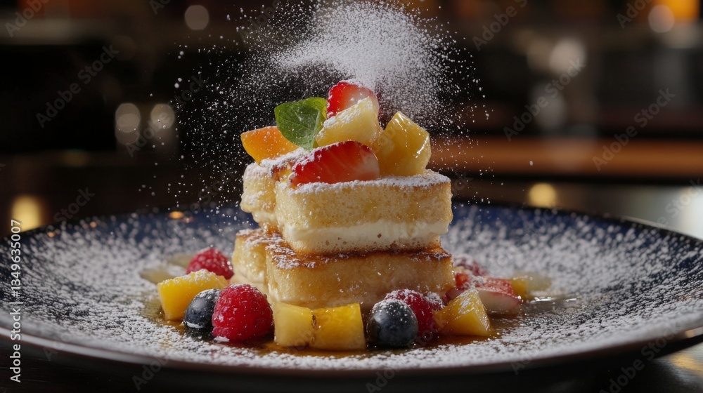 Poster a whimsical presentation of mini honey toast bites served on a plate, topped with colorful fruit and