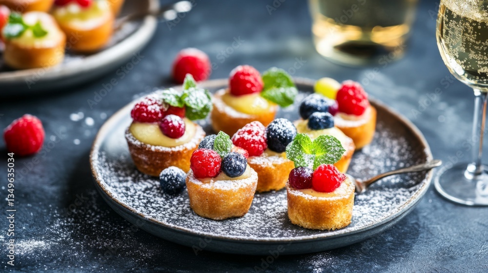Poster a whimsical presentation of mini honey toast bites served on a plate, topped with colorful fruit and