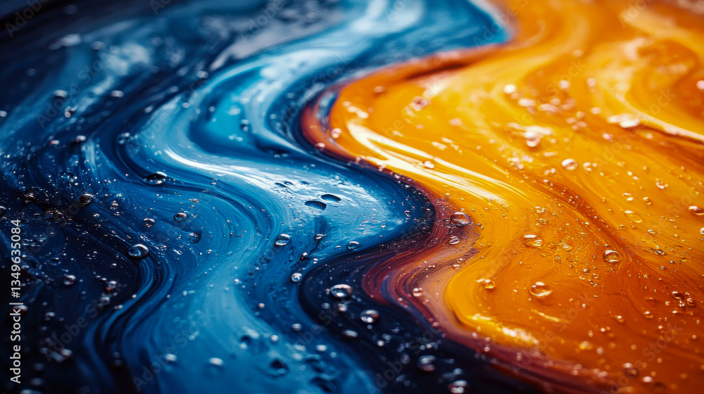 Poster a close-up of abstract fluid art in blue and orange tones with water droplets creating a mesmerizing