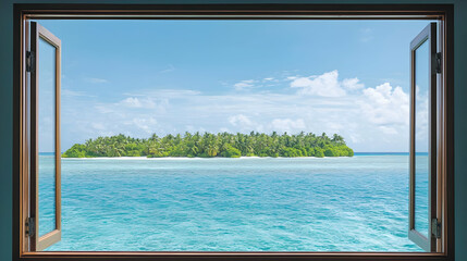 Tropical Island View Through Open Window
