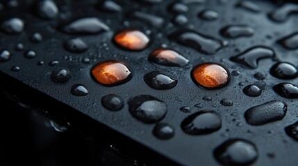 Water droplets on a dark surface with orange lights
