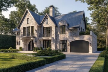 Luxury stone house situated in a serene neighborhood with lush greenery and a well-manicured lawn, showcasing classic architecture during a clear sunny day