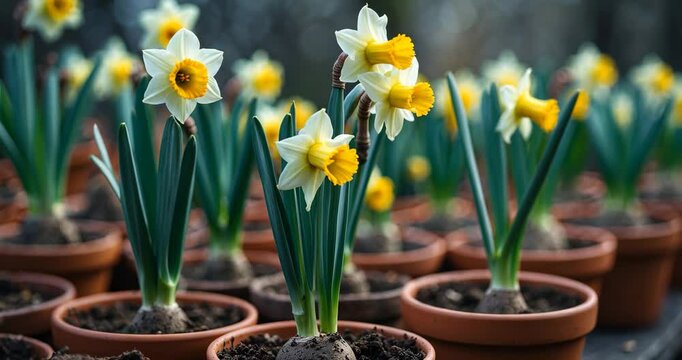 A close-up image of potted daffodil bulbs featuring fresh green shoots sprouting from the soil. The photo emphasizes the initial phases of plant growth, representing renewal.