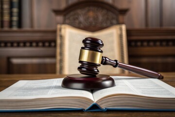 A wooden gavel resting on an open law book, symbolizing justice and the legal system, with a blurred background of bookshelves.