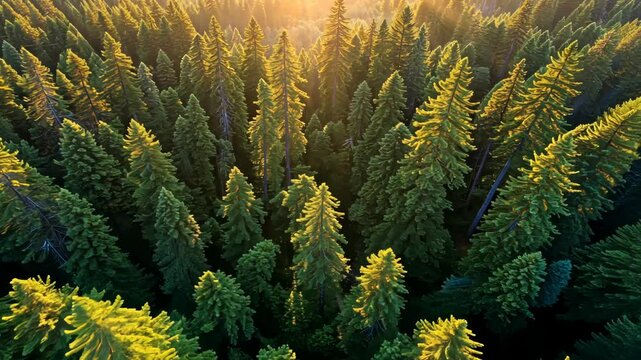 Aerial View of Lush Evergreen Forest with Sun Rays Illuminating Treetops During Golden Hour