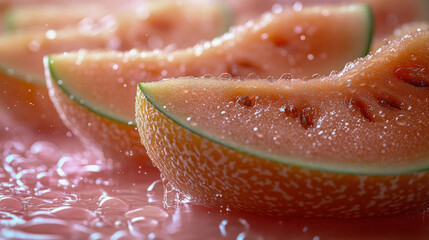 Juicy melon slices splashing in water, with droplets suspended mid-air against a pink background