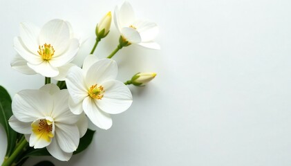 Obraz premium Elegant white floral arrangement on pristine background, leaves, perfect