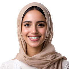 Beautiful woman with black hijab and veil, her eyes looking with a gentle smile isolated on transparent background
