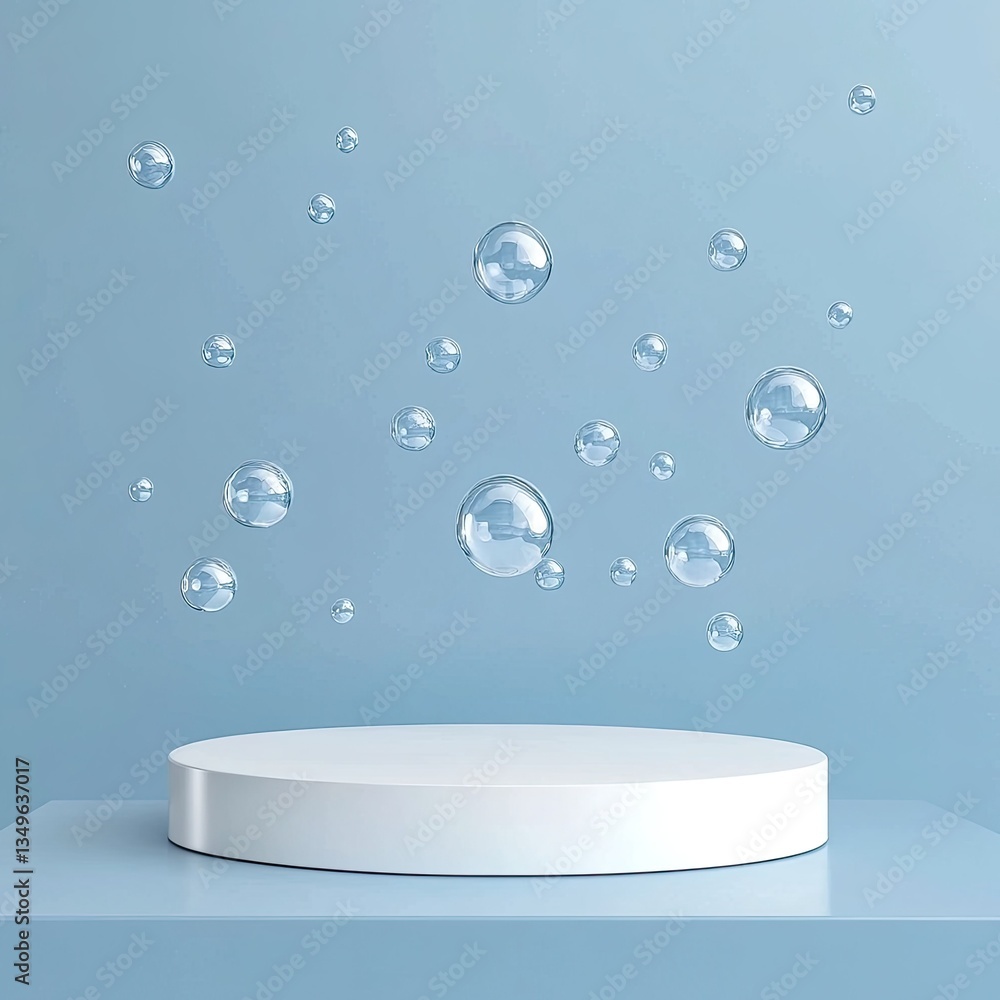 Aufkleber elegant white round platform with floating transparent bubbles on light blue background minimalist p