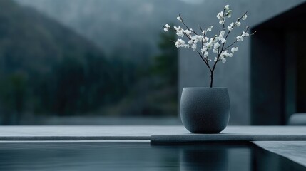 Tranquil scene of a small flowering branch in a gray pot, overlooking a calm body of water and misty mountains