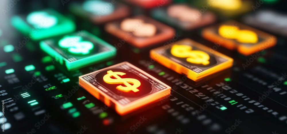 Poster a close-up view of vibrant digital currency symbols on a screen signifies financial growth and stabi