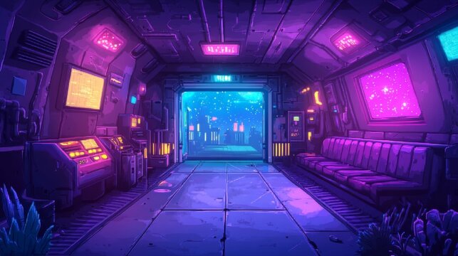 Futuristic pixel art space station interior in 8-bit style for retro gaming and sci-fi design