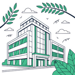 Green city landscape with buildings trees and roads in a vector illustration