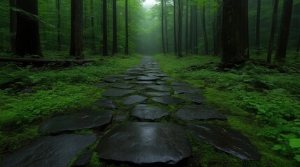 Misty forest path with stone paving