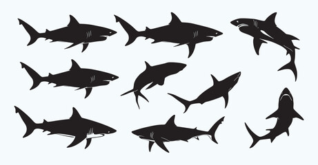 Fototapeta premium Minimalist Shark Silhouette Set – Vector Black Shark Icons on White Background