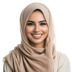 Beautiful woman with black hijab and veil, her eyes looking with a gentle smile isolated on transparent background