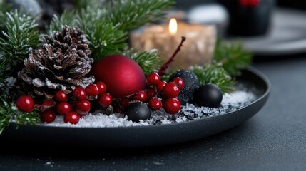 Festive Christmas centerpiece on a dark plate
