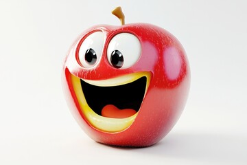 A 3D rendered image of a happy, cartoon apple with a wide, open mouth and expressive eyes.