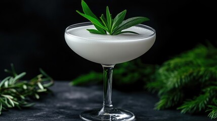 Creamy white cocktail garnished with fresh herbs.  A smooth, elegant drink in a stemmed glass