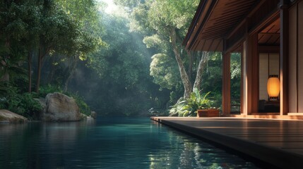 A serene Japanese temple surrounded by tall trees and a tranquil pond.