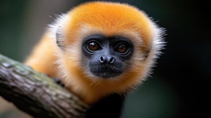 Obraz premium Close-up of a small, orange monkey on a branch. Focused on its expressive face