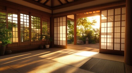 A Japanese style bedroom with tatami mats and sliding paper doors.