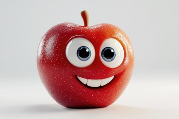 A cheerful cartoon apple with big eyes and a wide smile, digitally rendered.