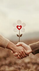 Couples handshake with heart flower.
