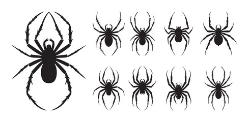 Minimalist Spider Silhouette Set – Vector Black Spider Icons on White Background