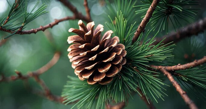 A Sand Pine pinecone positioned and separated among vibrant, green pine needles on a tree.