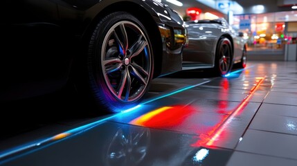 Futuristic cars in a modern showroom with illuminated floor lines