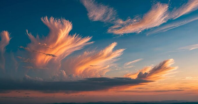 Gorgeous sky filled with clouds during sunset. Clouds in the twilight sky. Stunning blue sky at sunset.
