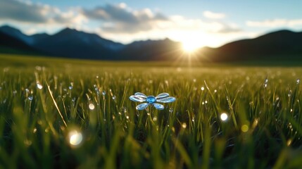 Delicate flower in dewy meadow at sunrise