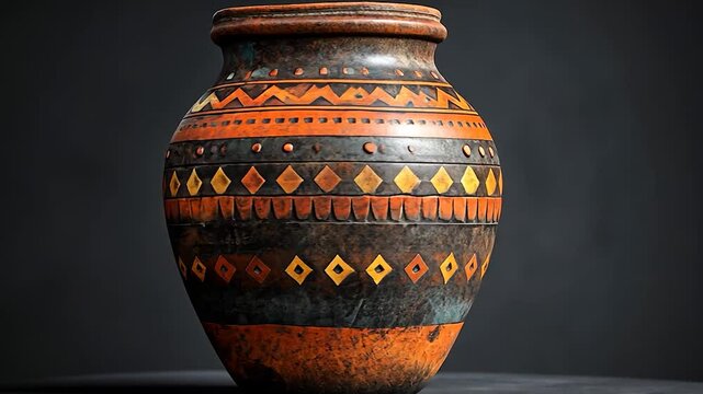 Ornately designed pottery vase with vibrant colors and patterns