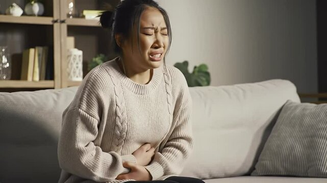Young asian woman sitting on sofa at home, holding her belly with expression of intense pain, abdominal pain from menstruation, stomach ache, constipation, gastritis, colon or other digestive problems