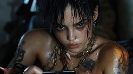 Close-up of a young woman with intense expression, wet hair and sweat, tattoos, and gold jewelry.  She's holding a smartphone