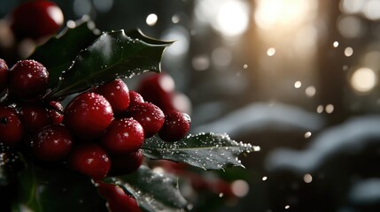 Festive winter berries, frosted holly