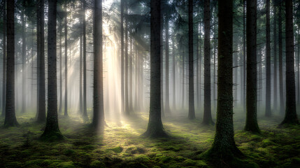 Serene woodland scene with tall trees fading into thick morning mist