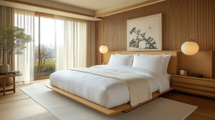 Modern minimalist bedroom with natural light and serene ambiance