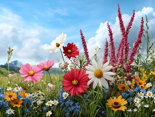 A vibrant and serene landscape filled with a variety of blooming flowers including daisies cosmos and other colorful flora in a picturesque field setting